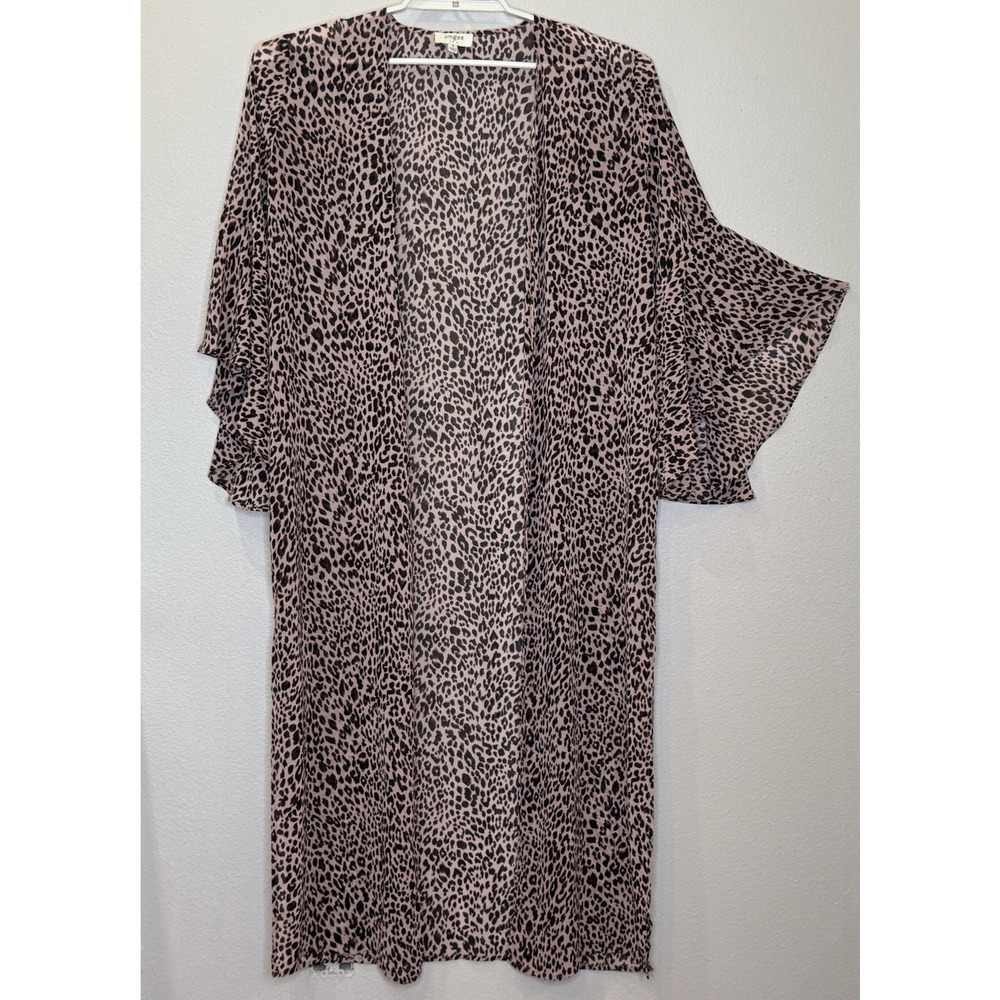 Umgee Cheetah Print Long Open Front Kimono Cardigan Size Small 3/4 Ruffle Sleeve